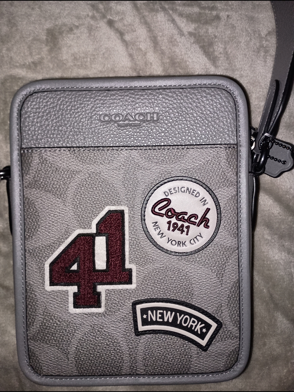 Coach Gray Messenger Bag with Burgundy Number Patch - Picture 1 of 11